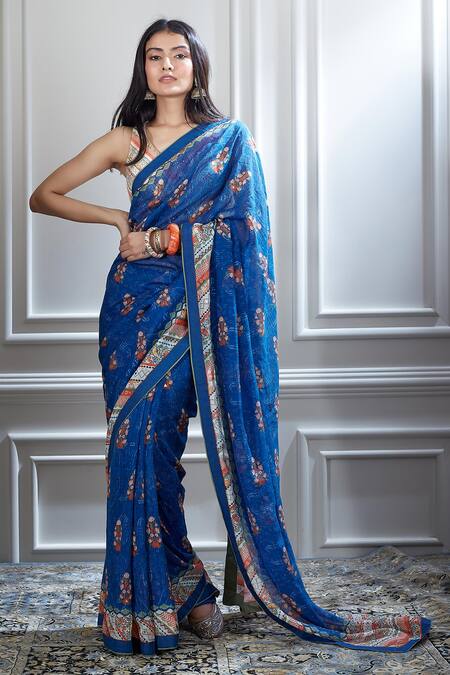 Buy Mandira Wirk - Indian Blue Chanderi V Neck Printed Saree With Blouse Online at Aza Fashions Buy_Mandira Wirk - Indian_Blue Chanderi V Neck Printed Saree With Blouse _Online_at_Aza_Fashions