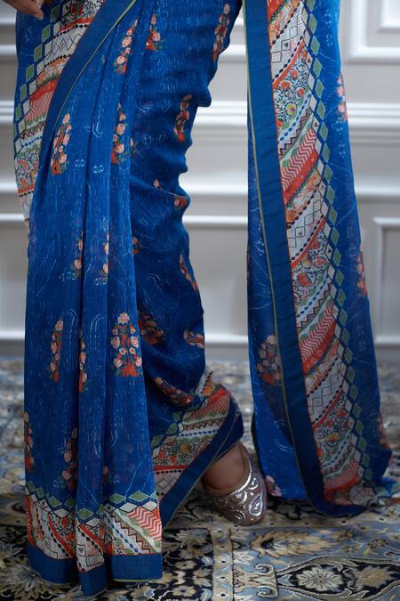 Mandira Wirk - Indian Blue Chanderi V Neck Printed Saree With Blouse at Aza Fashions Mandira Wirk - Indian_Blue Chanderi V Neck Printed Saree With Blouse _at_Aza_Fashions