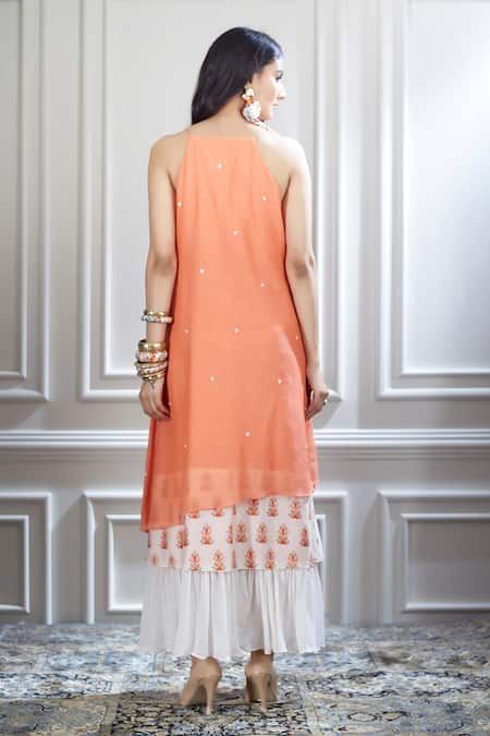 Shop Mandira Wirk - Indian Peach Halter Printed Layered Dress at Aza Fashions Shop_Mandira Wirk - Indian_Peach Halter Printed Layered Dress _at_Aza_Fashions