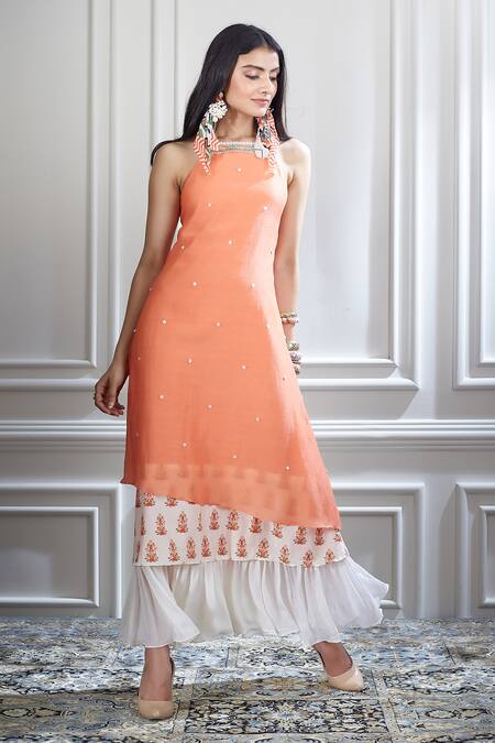 Mandira Wirk - Indian Peach Halter Printed Layered Dress Online at Aza Fashions Mandira Wirk - Indian_Peach Halter Printed Layered Dress _Online_at_Aza_Fashions