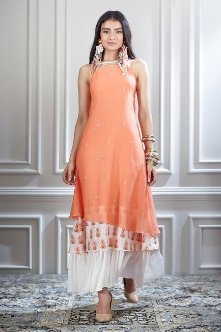 Buy Mandira Wirk - Indian Peach Halter Printed Layered Dress Online at Aza Fashions Buy_Mandira Wirk - Indian_Peach Halter Printed Layered Dress _Online_at_Aza_Fashions