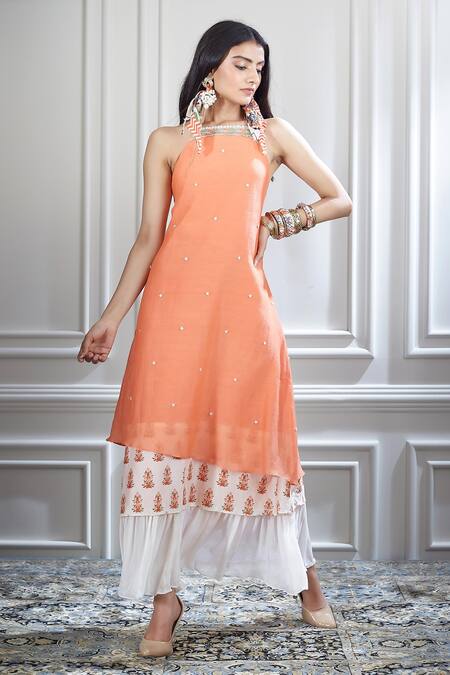 Shop Mandira Wirk - Indian Peach Halter Printed Layered Dress Online at Aza Fashions Shop_Mandira Wirk - Indian_Peach Halter Printed Layered Dress _Online_at_Aza_Fashions