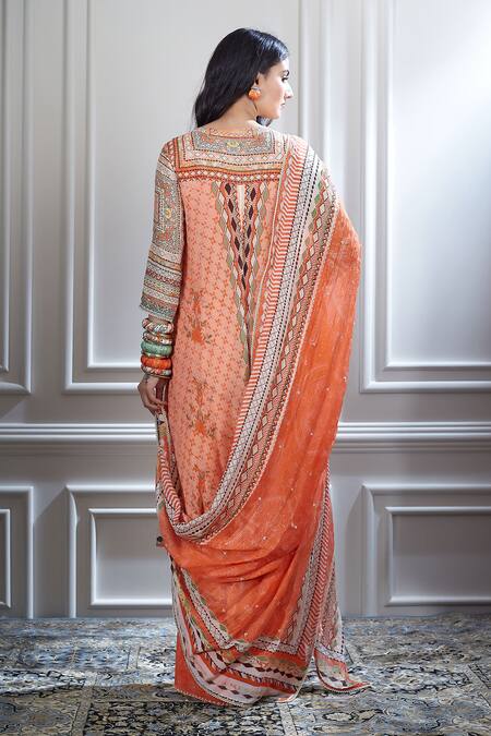 Shop Mandira Wirk - Indian Peach Chanderi V Neck Kurta And Palazzo Set at Aza Fashions Shop_Mandira Wirk - Indian_Peach Chanderi V Neck Kurta And Palazzo Set _at_Aza_Fashions