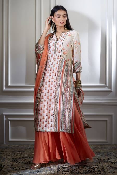 Shop Mandira Wirk - Indian White Chanderi V Neck Kurta And Sharara Set Online at Aza Fashions Shop_Mandira Wirk - Indian_White Chanderi V Neck Kurta And Sharara Set _Online_at_Aza_Fashions