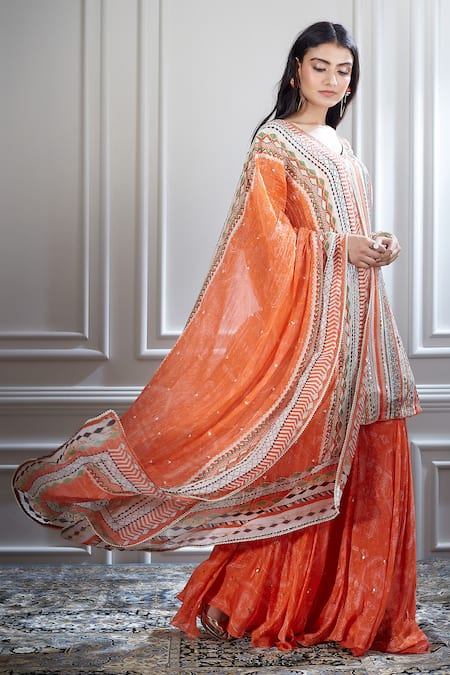 Mandira Wirk - Indian Peach Chanderi V Neck Kurta And Sharara Set 