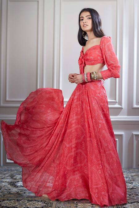 Mandira Wirk - Indian Pink Chiffon Sweetheart Neck Printed Lehenga Set Online at Aza Fashions Mandira Wirk - Indian_Pink Chiffon Sweetheart Neck Printed Lehenga Set _Online_at_Aza_Fashions