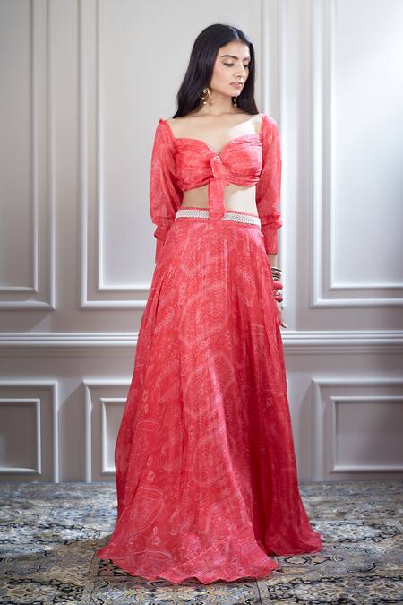 Shop Mandira Wirk - Indian Pink Chiffon Sweetheart Neck Printed Lehenga Set Online at Aza Fashions Shop_Mandira Wirk - Indian_Pink Chiffon Sweetheart Neck Printed Lehenga Set _Online_at_Aza_Fashions