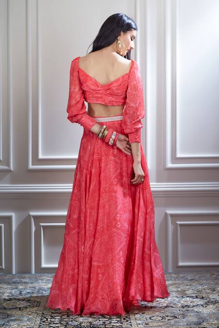 Mandira Wirk - Indian Pink Chiffon Sweetheart Neck Printed Lehenga Set at Aza Fashions Mandira Wirk - Indian_Pink Chiffon Sweetheart Neck Printed Lehenga Set _at_Aza_Fashions