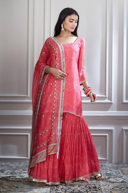 Buy Mandira Wirk - Indian Pink Chanderi Square Neck Printed Kurta And Sharara Set Online at Aza Fashions Buy_Mandira Wirk - Indian_Pink Chanderi Square Neck Printed Kurta And Sharara Set _Online_at_Aza_Fashions