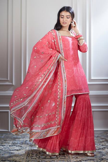 Shop Mandira Wirk - Indian Pink Chanderi Square Neck Printed Kurta And Sharara Set at Aza Fashions Shop_Mandira Wirk - Indian_Pink Chanderi Square Neck Printed Kurta And Sharara Set _at_Aza_Fashions