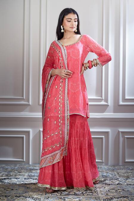Mandira Wirk - Indian Pink Chanderi Square Neck Printed Kurta And Sharara Set Online at Aza Fashions Mandira Wirk - Indian_Pink Chanderi Square Neck Printed Kurta And Sharara Set _Online_at_Aza_Fashions