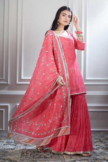 Mandira Wirk Pink Chanderi Square Neck Printed Kurta And Sharara Set 