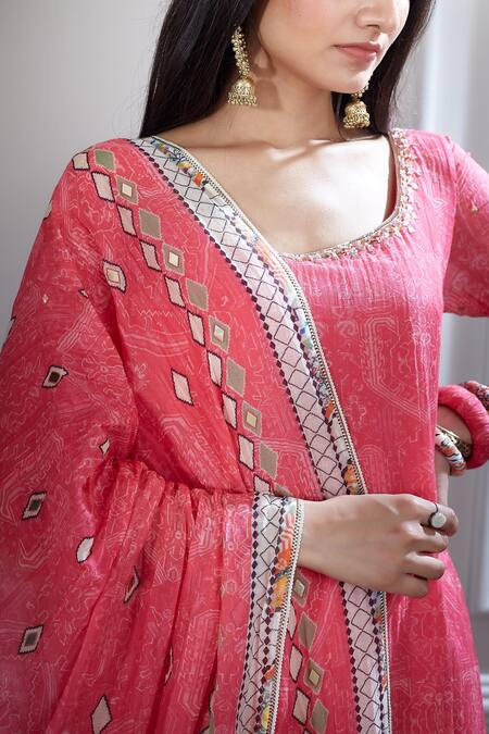 Shop Mandira Wirk - Indian Pink Chanderi Square Neck Printed Kurta And Sharara Set Online at Aza Fashions Shop_Mandira Wirk - Indian_Pink Chanderi Square Neck Printed Kurta And Sharara Set _Online_at_Aza_Fashions