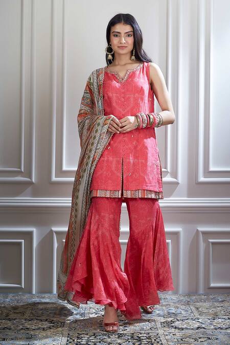 Mandira Wirk - Indian Pink Chanderi Notched Printed Kurta And Sharara Set Online at Aza Fashions Mandira Wirk - Indian_Pink Chanderi Notched Printed Kurta And Sharara Set _Online_at_Aza_Fashions