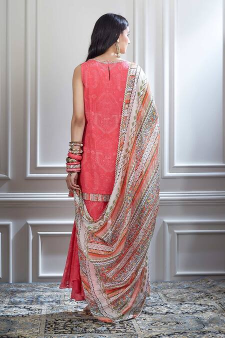 Shop Mandira Wirk - Indian Pink Chanderi Notched Printed Kurta And Sharara Set at Aza Fashions Shop_Mandira Wirk - Indian_Pink Chanderi Notched Printed Kurta And Sharara Set _at_Aza_Fashions