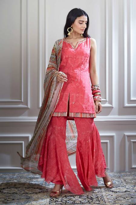 Buy Mandira Wirk - Indian Pink Chanderi Notched Printed Kurta And Sharara Set Online at Aza Fashions Buy_Mandira Wirk - Indian_Pink Chanderi Notched Printed Kurta And Sharara Set _Online_at_Aza_Fashions