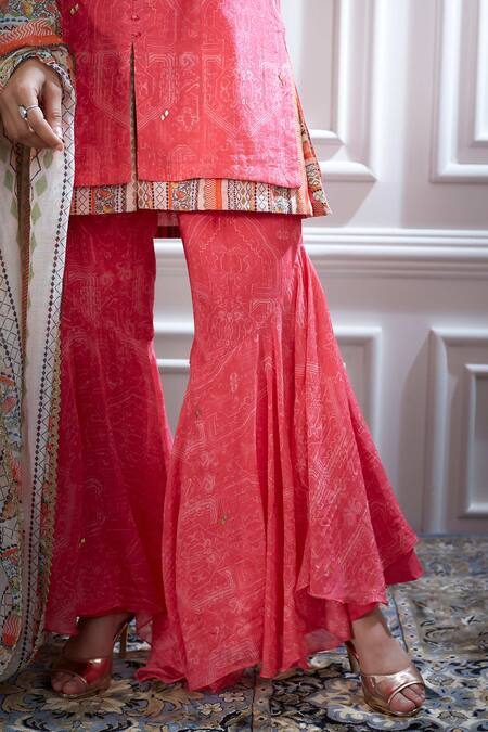 Mandira Wirk - Indian Pink Chanderi Notched Printed Kurta And Sharara Set at Aza Fashions Mandira Wirk - Indian_Pink Chanderi Notched Printed Kurta And Sharara Set _at_Aza_Fashions