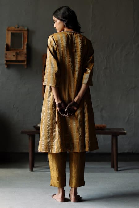 Buy_Shorshe Clothing_Gold Handloom Tissue, Lining Shantoon Stripe V Neck Pattern Kurta And Pant Set_Online_at_Aza_Fashions
