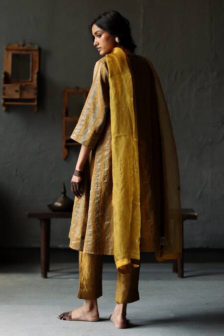 Shop_Shorshe Clothing_Gold Handloom Tissue, Lining Shantoon Stripe V Neck Pattern Kurta And Pant Set_Online_at_Aza_Fashions