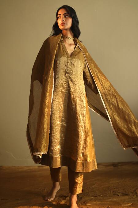 Buy_Shorshe Clothing_Gold Handloom Tissue Kurta And Pant Set_Online_at_Aza_Fashions
