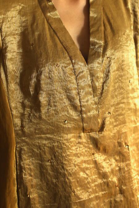 Shop_Shorshe Clothing_Gold Handloom Tissue Kurta And Pant Set_Online_at_Aza_Fashions