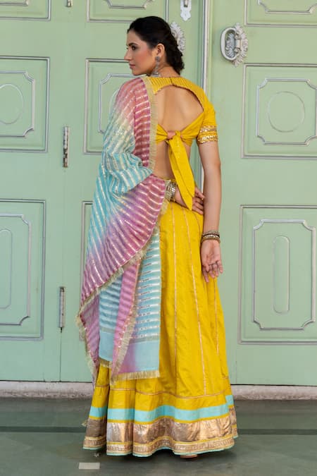 Buy Festival Wear Yellow Foil Printed Chinnon Ready To Wear Lehenga Choli  Online From Surat Wholesale Shop.