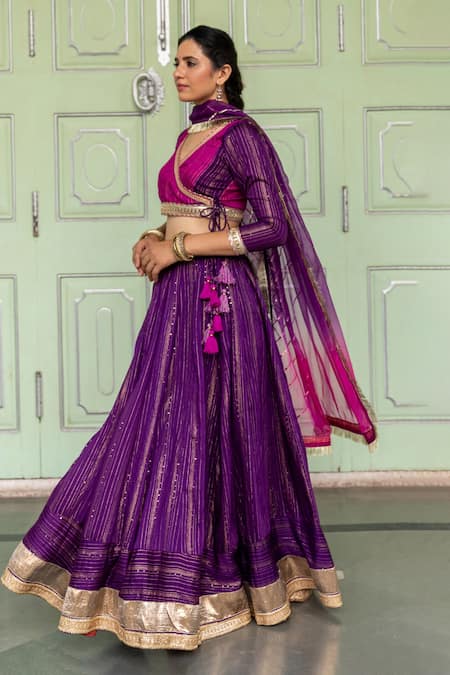 Myaara_Purple Chanderi Blend Gota And Sequin Work Surplice Neck Embroidered Lehenga Set _Online_at_Aza_Fashions