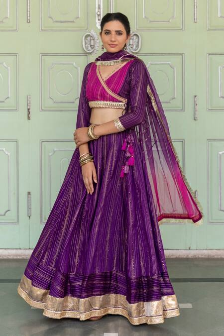 Buy_Myaara_Purple Chanderi Blend Gota And Sequin Work Surplice Neck Embroidered Lehenga Set _Online_at_Aza_Fashions