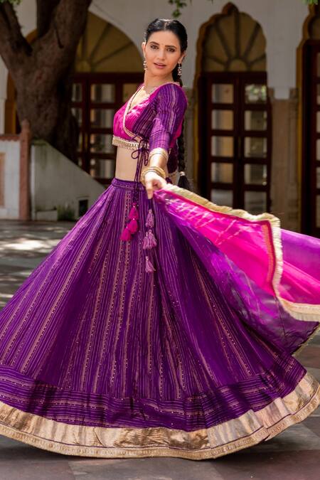 Shop_Myaara_Purple Chanderi Blend Gota And Sequin Work Surplice Neck Embroidered Lehenga Set _Online_at_Aza_Fashions