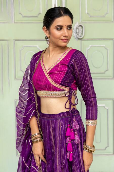 Myaara_Purple Chanderi Blend Gota And Sequin Work Surplice Neck Embroidered Lehenga Set _at_Aza_Fashions
