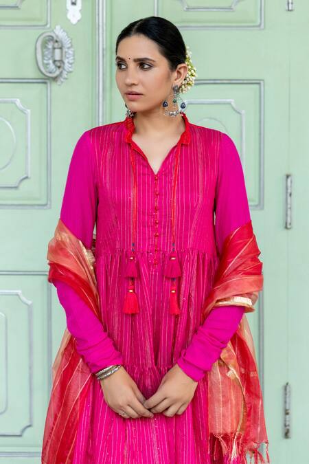 Myaara Fuchsia Anarkali Chanderi Blend, Dupatta Organza, Pants Cotton Tiered Set at Aza Fashions Myaara_Fuchsia Anarkali Chanderi Blend, Dupatta Organza, Pants Cotton Tiered Set _at_Aza_Fashions