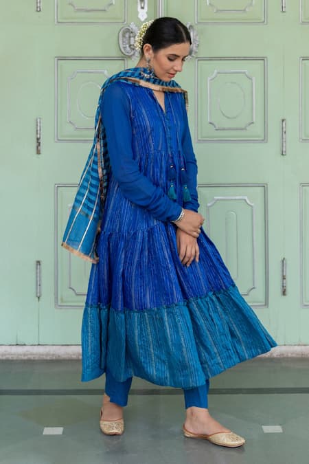 Myaara_Blue Anarkali Chanderi Blend, Dupatta Organza Blend, Gathered Tiered Set _Online_at_Aza_Fashions