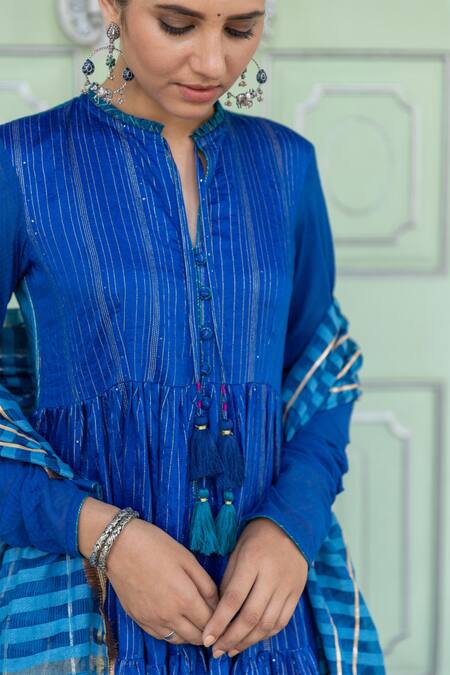 Myaara_Blue Anarkali Chanderi Blend, Dupatta Organza Blend, Gathered Tiered Set _at_Aza_Fashions