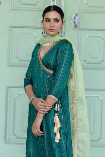 Myaara Green Angarkha Chanderi Blend, Dupatta Organza Gota And Sequin Work Surplice Set at Aza Fashions Myaara_Green Angarkha Chanderi Blend, Dupatta Organza Gota And Sequin Work Surplice Set _at_Aza_Fashions