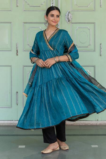 Myaara_Blue Anarkali Chanderi Blend, Dupatta Organza, Pants Tiered Asymmetric Set_Online_at_Aza_Fashions