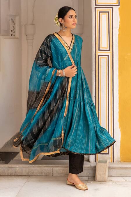 Buy_Myaara_Blue Anarkali Chanderi Blend, Dupatta Organza, Pants Tiered Asymmetric Set_Online_at_Aza_Fashions