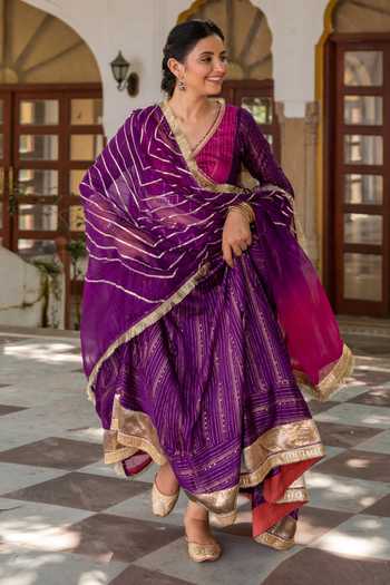 Myaara Purple Angarkha Chanderi Blend, Dupatta Organza Gota And Sequin Panelled Set Online at Aza Fashions Myaara_Purple Angarkha Chanderi Blend, Dupatta Organza Gota And Sequin Panelled Set _Online_at_Aza_Fashions