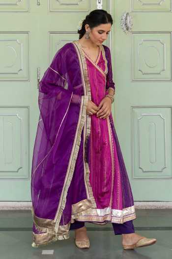 Buy Myaara Purple Angarkha Chanderi Blend, Dupatta Organza Gota And Sequin Panelled Set Online at Aza Fashions Buy_Myaara_Purple Angarkha Chanderi Blend, Dupatta Organza Gota And Sequin Panelled Set _Online_at_Aza_Fashions