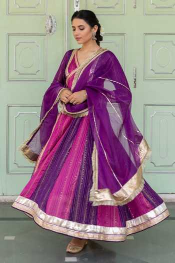Shop Myaara Purple Angarkha Chanderi Blend, Dupatta Organza Gota And Sequin Panelled Set Online at Aza Fashions Shop_Myaara_Purple Angarkha Chanderi Blend, Dupatta Organza Gota And Sequin Panelled Set _Online_at_Aza_Fashions