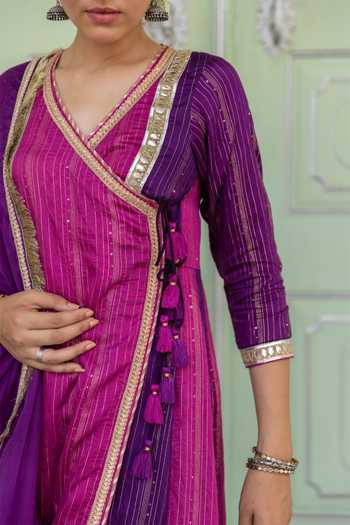 Myaara Purple Angarkha Chanderi Blend, Dupatta Organza Gota And Sequin Panelled Set at Aza Fashions Myaara_Purple Angarkha Chanderi Blend, Dupatta Organza Gota And Sequin Panelled Set _at_Aza_Fashions