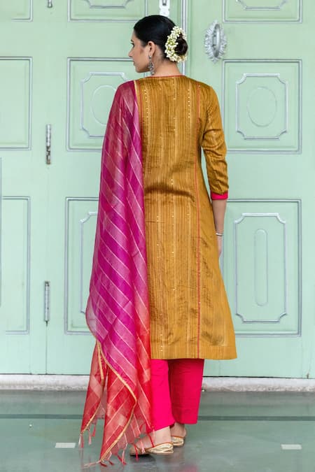 Yellow Cotton Silk Anarkali Kurti With Pant And Digital Print Organza  Dupatta