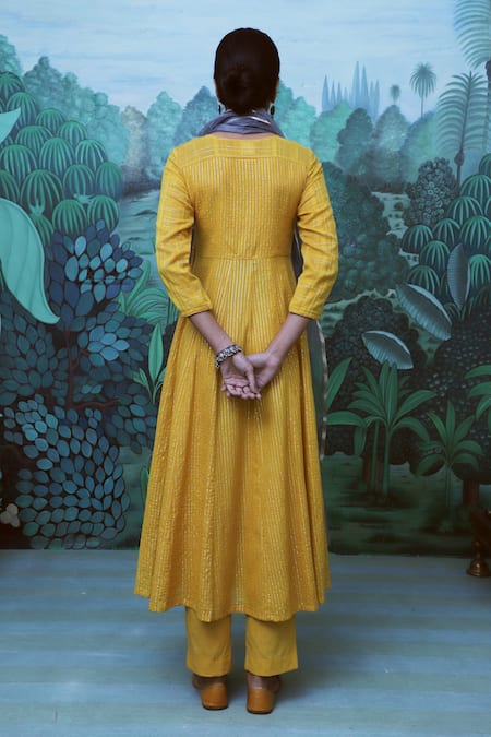 Shop Myaara Yellow Kurta Cotton Dobby Pant Cotton Dupatta Organza V Neck Angarkha Set at Aza Fashions Shop_Myaara_Yellow Kurta Cotton Dobby Pant Cotton Dupatta Organza V Neck Angarkha Set _at_Aza_Fashions