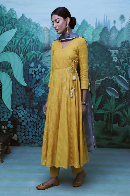 Shop Myaara Yellow Kurta Cotton Dobby Pant Cotton Dupatta Organza V Neck Angarkha Set Online at Aza Fashions Shop_Myaara_Yellow Kurta Cotton Dobby Pant Cotton Dupatta Organza V Neck Angarkha Set _Online_at_Aza_Fashions