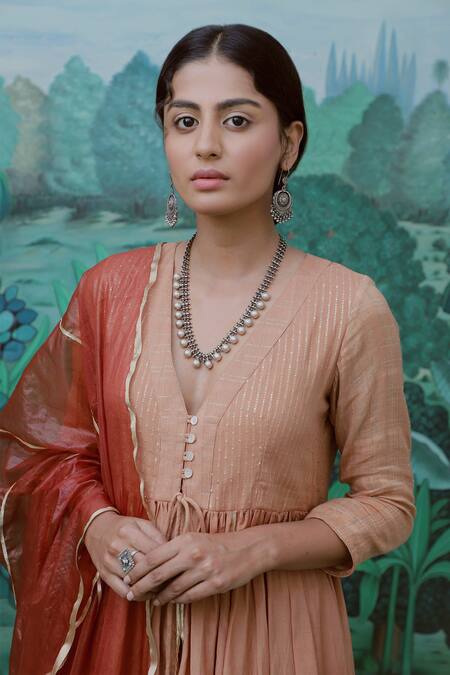 Buy Myaara Beige Kurta Cotton Dobby Pant Cotton Dupatta Organza V Neck Anarkali Set Online at Aza Fashions Buy_Myaara_Beige Kurta Cotton Dobby Pant Cotton Dupatta Organza V Neck Anarkali Set _Online_at_Aza_Fashions