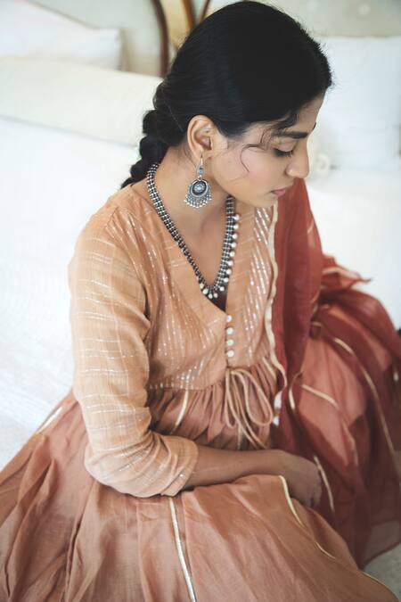 Shop_Myaara_Beige Kurta Cotton Dobby Pant Cotton Dupatta Organza V Neck Anarkali Set _Online_at_Aza_Fashions