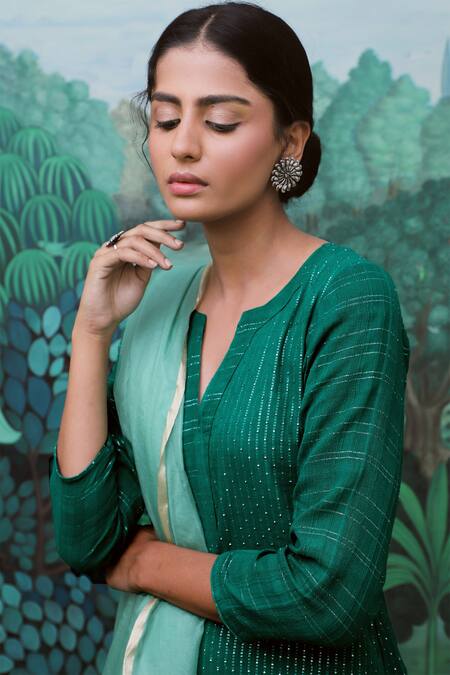 Shop Myaara Green Kurta Cotton Dobby Pant Cotton Dupatta Organza Round Straight Set Online at Aza Fashions Shop_Myaara_Green Kurta Cotton Dobby Pant Cotton Dupatta Organza Round Straight Set _Online_at_Aza_Fashions