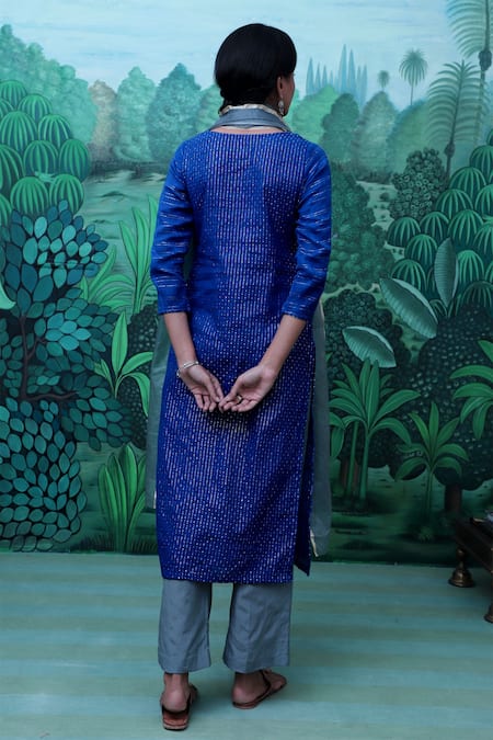 Shop Myaara Blue Kurta Cotton Dobby Pant Cotton Dupatta Organza Round Straight Set at Aza Fashions Shop_Myaara_Blue Kurta Cotton Dobby Pant Cotton Dupatta Organza Round Straight Set _at_Aza_Fashions