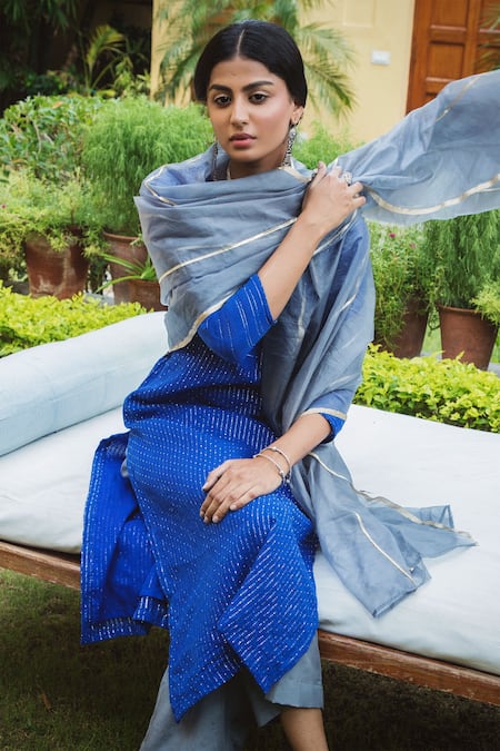 Buy Myaara Blue Kurta Cotton Dobby Pant Cotton Dupatta Organza Round Straight Set Online at Aza Fashions Buy_Myaara_Blue Kurta Cotton Dobby Pant Cotton Dupatta Organza Round Straight Set _Online_at_Aza_Fashions