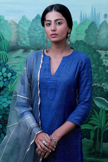 Shop Myaara Blue Kurta Cotton Dobby Pant Cotton Dupatta Organza Round Straight Set Online at Aza Fashions Shop_Myaara_Blue Kurta Cotton Dobby Pant Cotton Dupatta Organza Round Straight Set _Online_at_Aza_Fashions