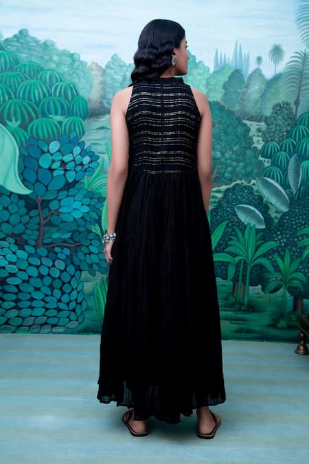 Shop Myaara Black Cotton, Voile Round Flared Dress at Aza Fashions Shop_Myaara_Black Cotton, Voile Round Flared Dress _at_Aza_Fashions